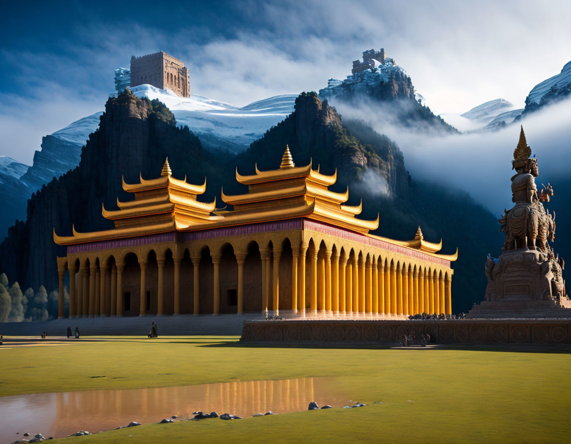 Ancient temple with golden roofs, misty mountains, blue sky, traditional statue