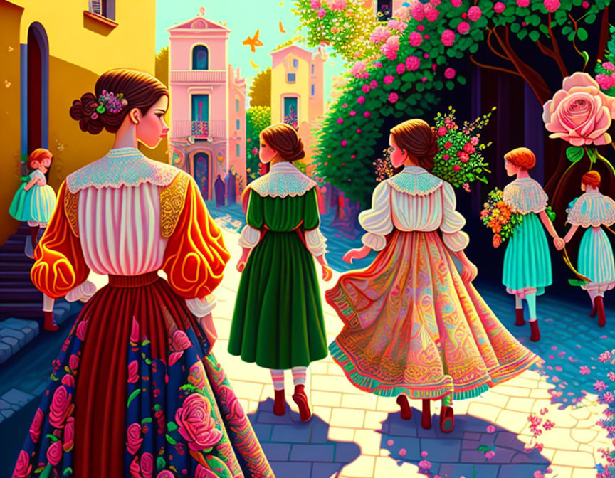 Vibrant women and girls in traditional dresses on cobblestone street