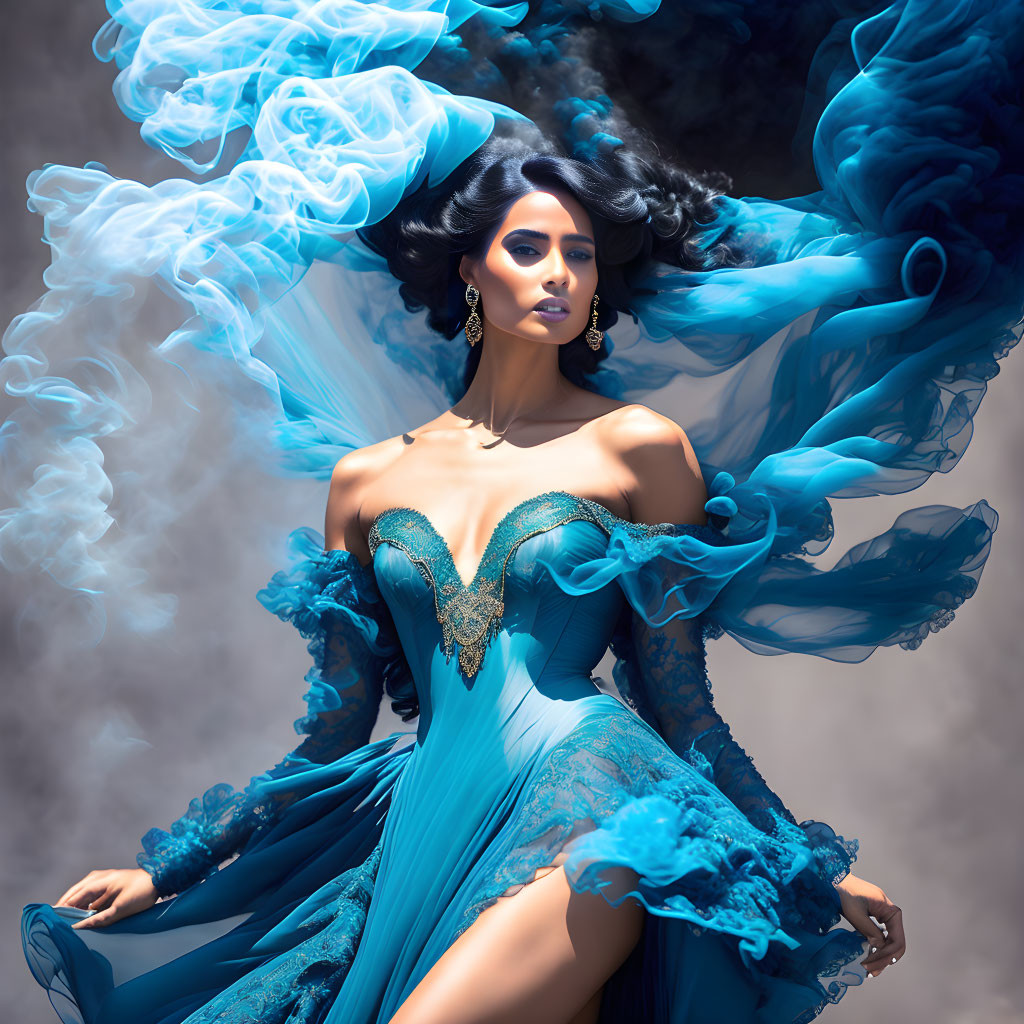 Woman in ornate blue dress with elegant makeup and hair against smoky background