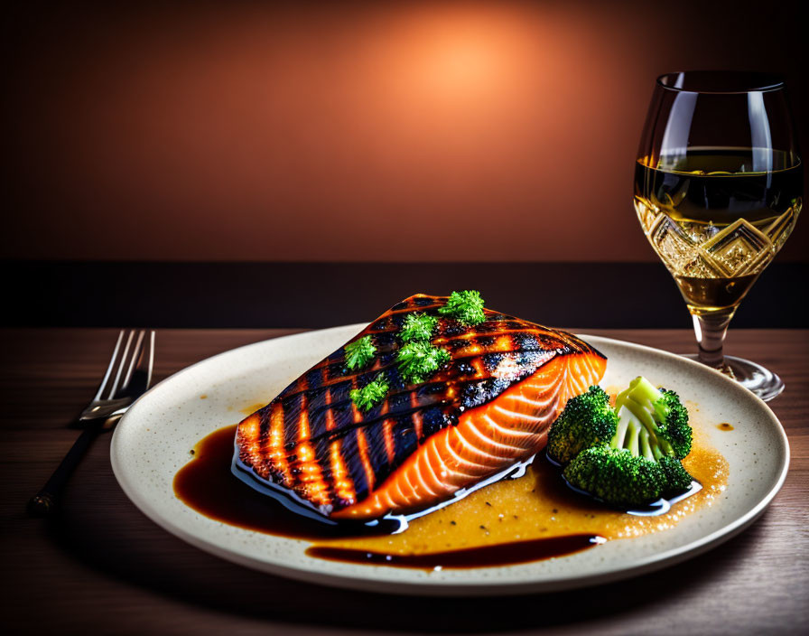 Grilled Salmon Fillet with Glaze and Parsley, Broccoli, and White Wine on Elegant