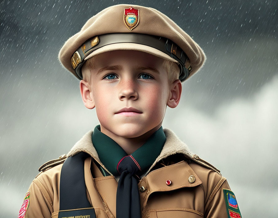 Young boy in brown uniform with cap and badges under falling snowflakes