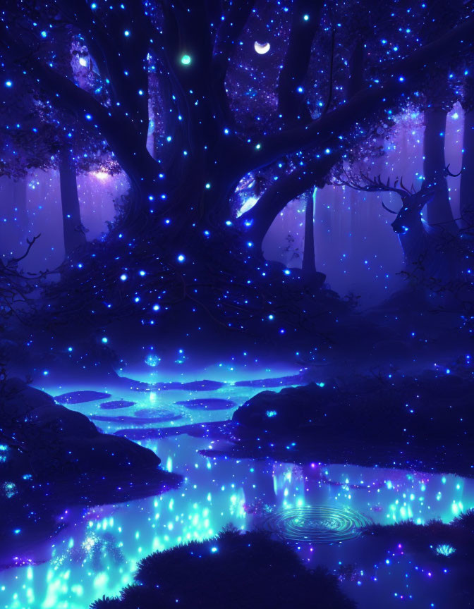 Enchanted forest scene with glowing blue light and starlit sky