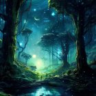 Enchanting forest scene with stone bridge and glowing lights