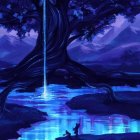 Enchanted forest scene with glowing blue light and starlit sky