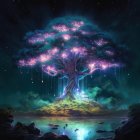 Mystical tree with glowing purple foliage by tranquil lake