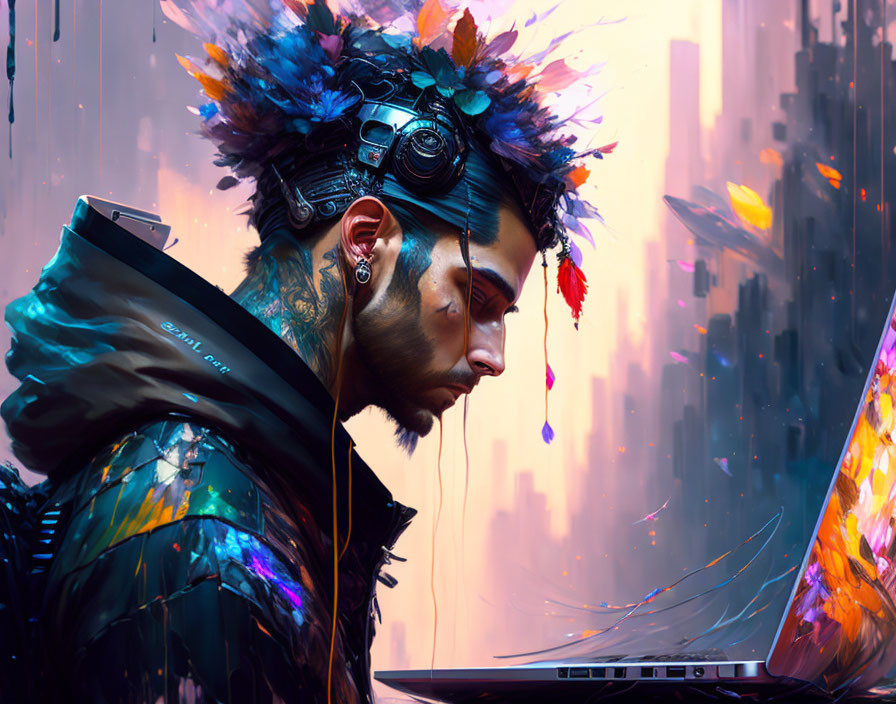 Digital portrait of man in headphones with laptop in futuristic cityscape