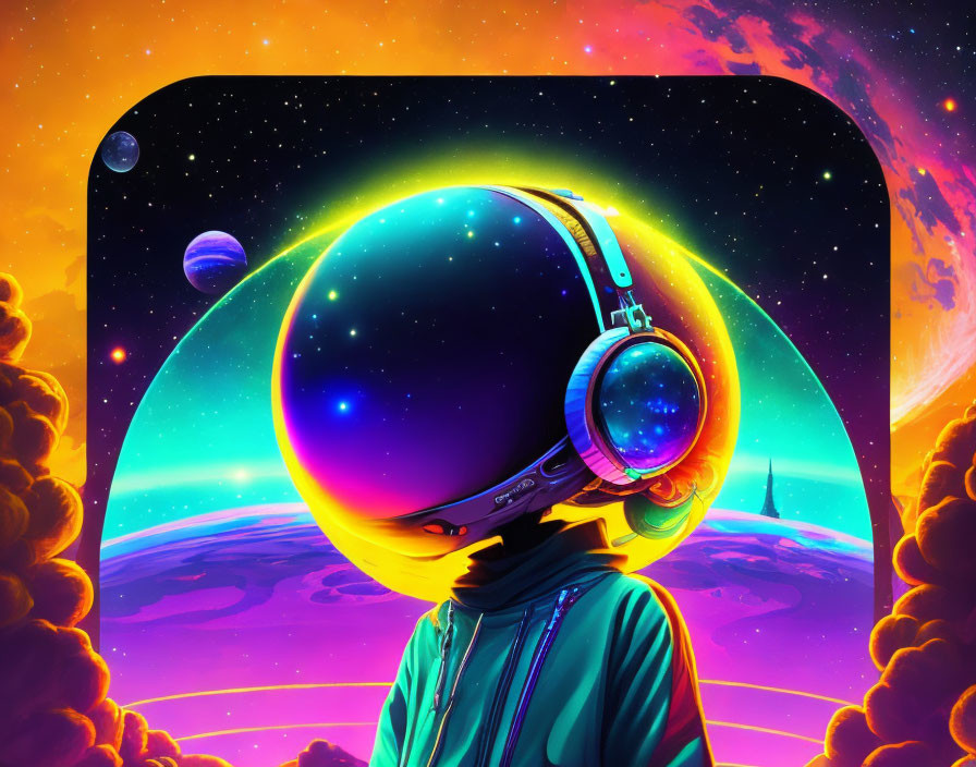 Colorful digital artwork: astronaut in reflective helmet in surreal cosmic landscape