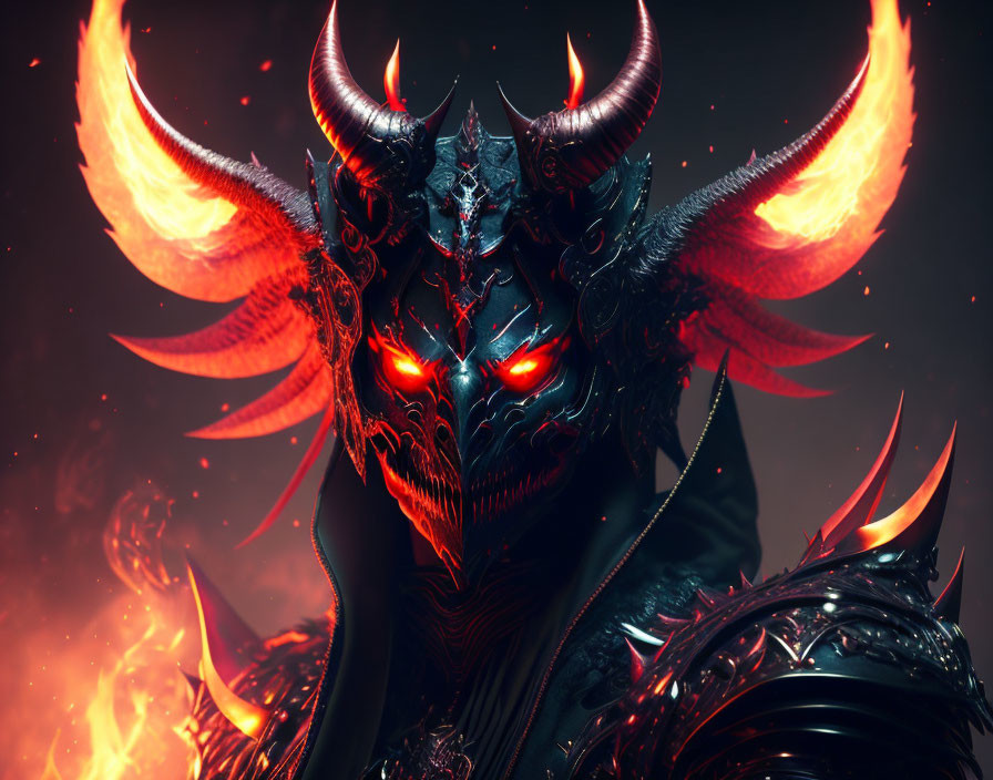 Fantasy creature with red eyes, horns, and spiked armor in fiery setting