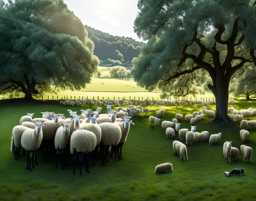 Sheep grazing in lush green meadow with trees and fence