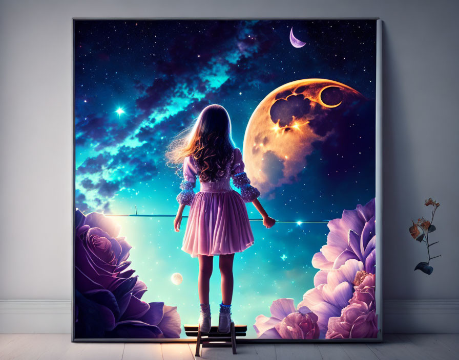 Young girl on stool admires cosmic wall canvas with moon, stars, and flowers.