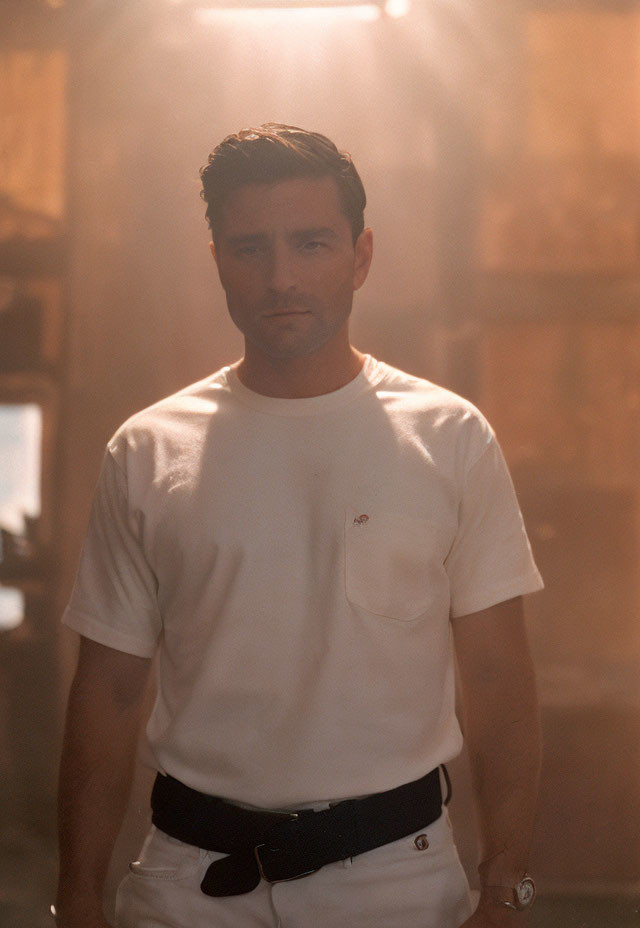 Man in white t-shirt and dark pants in softly lit room with serene atmosphere