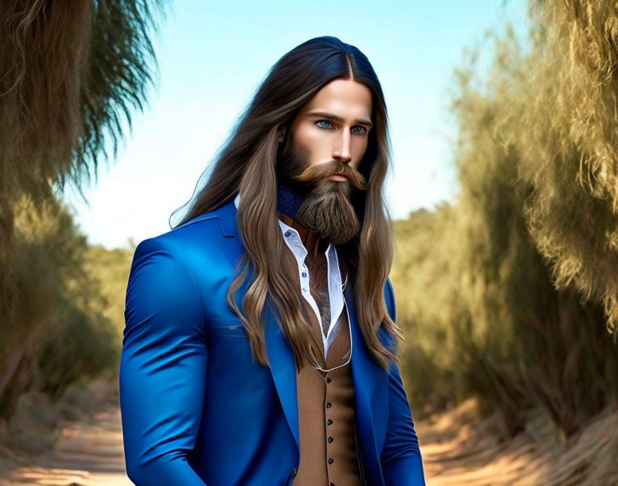 Man with Long Brown Hair and Beard in Blue Blazer Poses in Forest