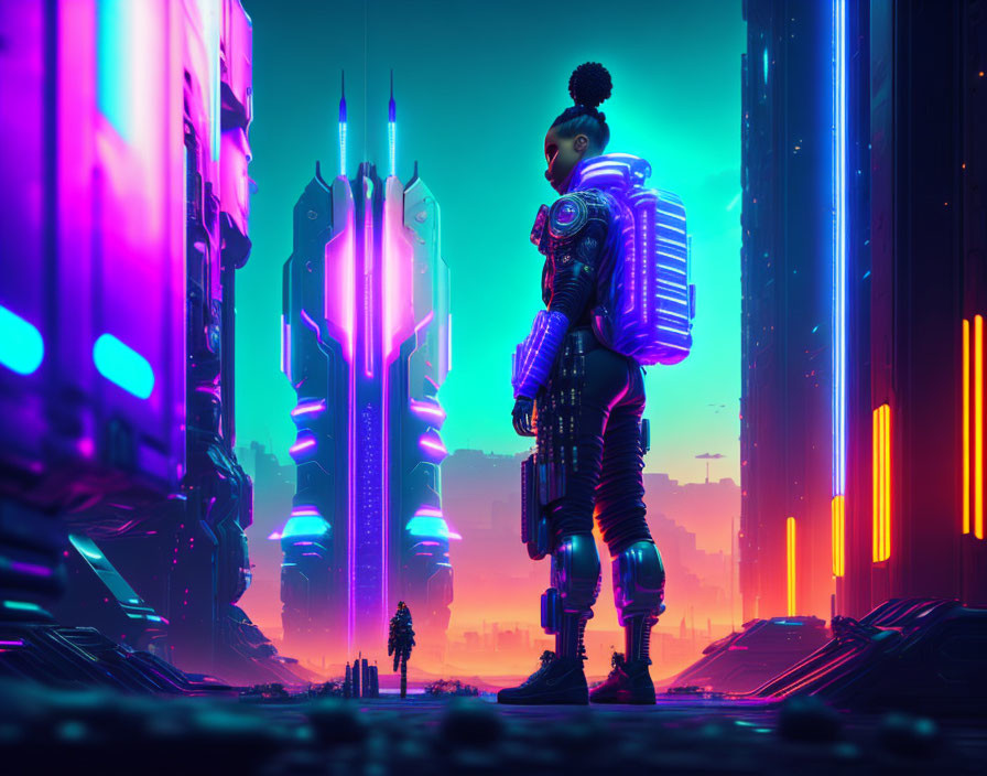 Futuristic scene with person in hi-tech gear and neon-lit skyscrapers