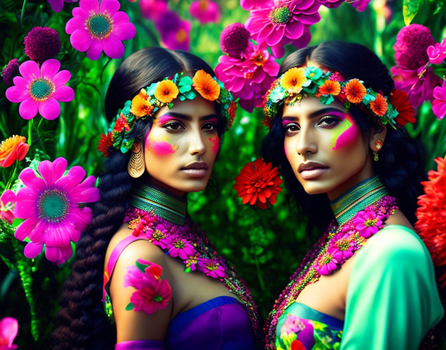 Two Women with Floral Makeup and Headpieces Surrounded by Vibrant Flowers