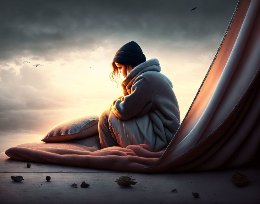 Person wrapped in blanket on beach at dusk with surreal curtains and birds in sky