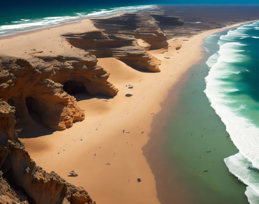 Sandy beach, cliffs, turquoise sea, people on shore