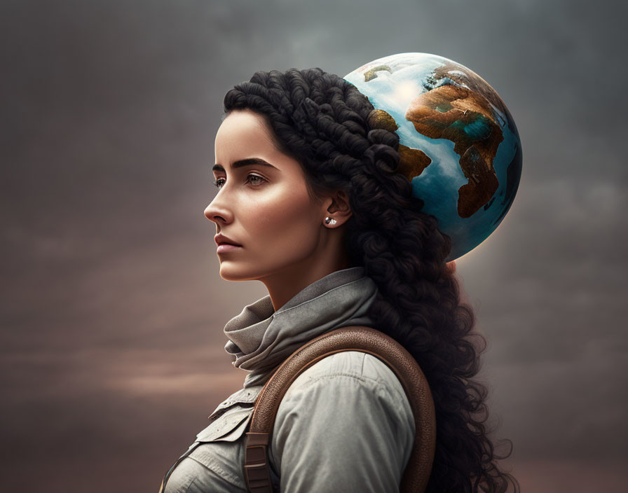 Woman with braided hair in jacket and backpack under globe on head against moody sky