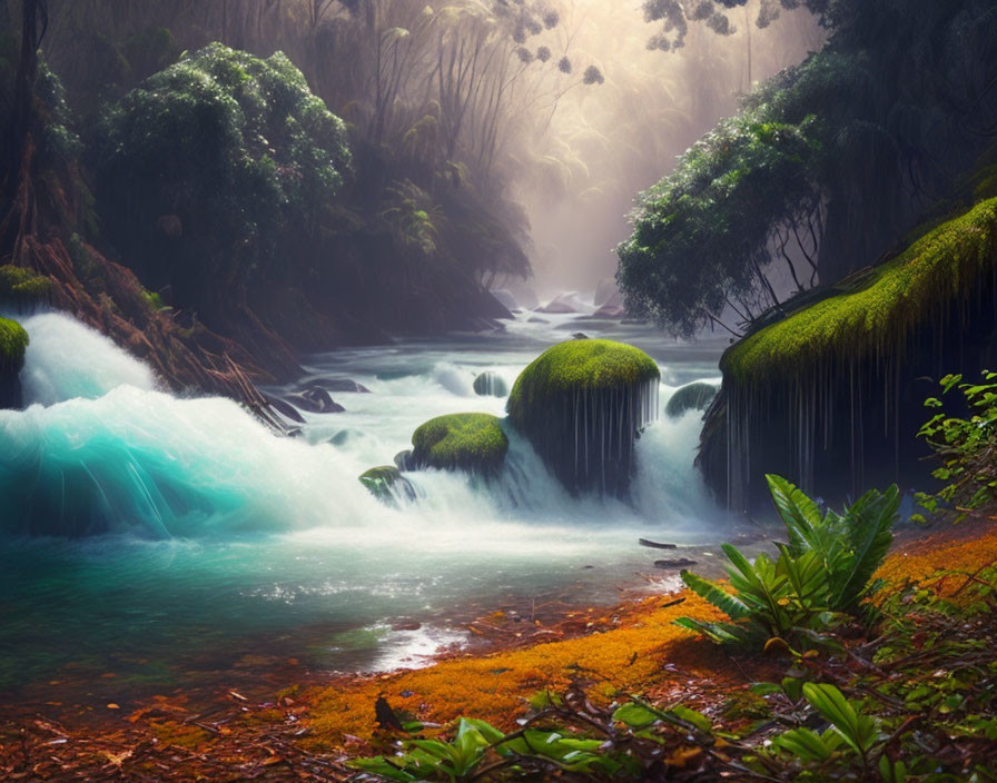 Mystical river in misty forest with moss-covered rocks & cascade