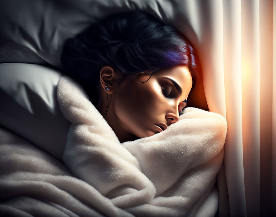 Blue-haired woman sleeping peacefully in bed with sunlight peeking through blinds