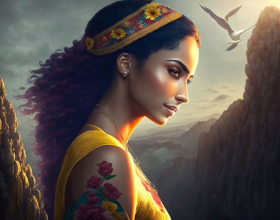 Woman with vibrant red hair and flower headband in profile view at sunset with mountains and bird.