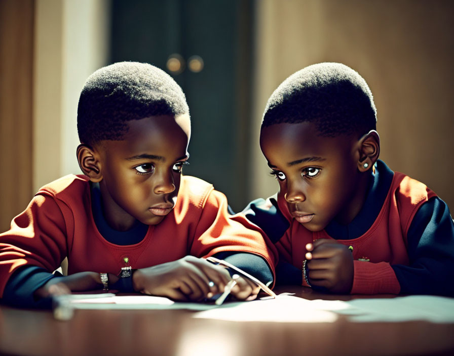 Young children writing or drawing in warm light.