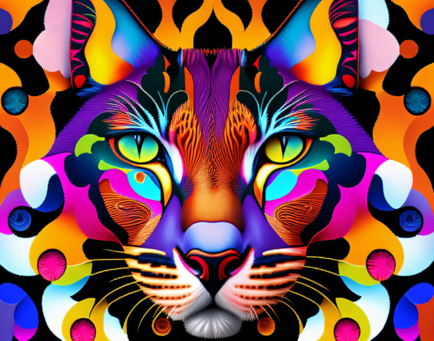 Symmetrical psychedelic feline face with vibrant abstract patterns