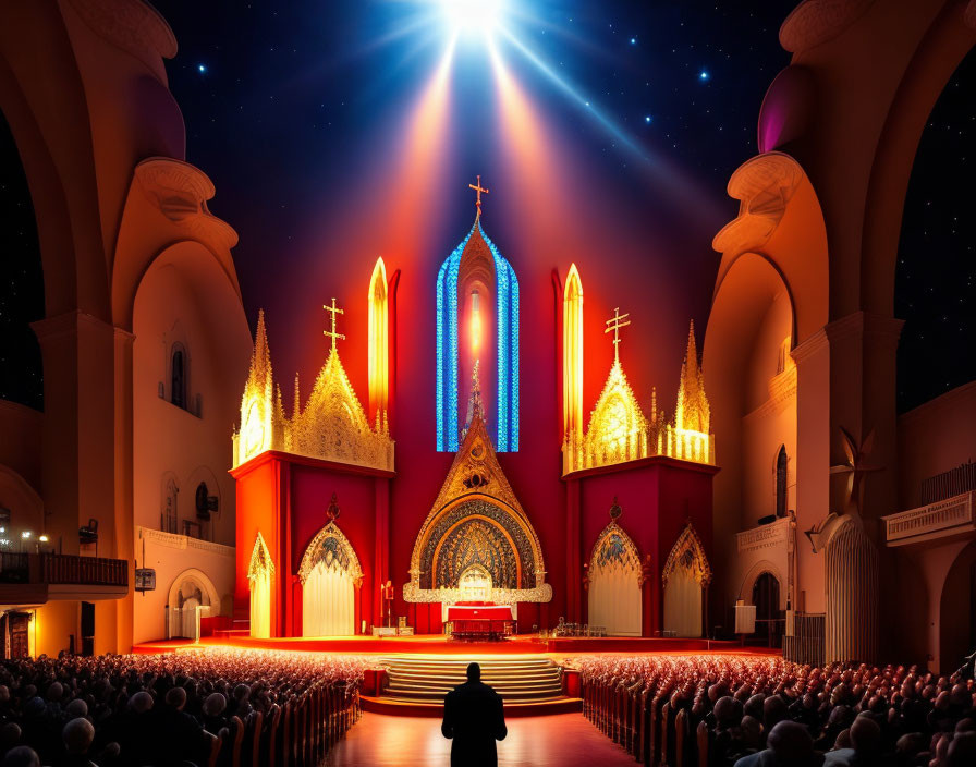 Vibrant church interior with congregants facing altar under celestial-themed ceiling