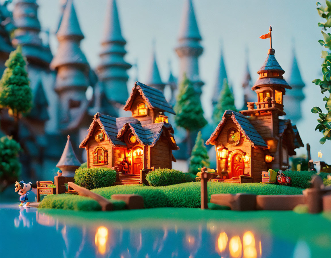 Whimsical miniature village with spired structures and Mickey Mouse figure