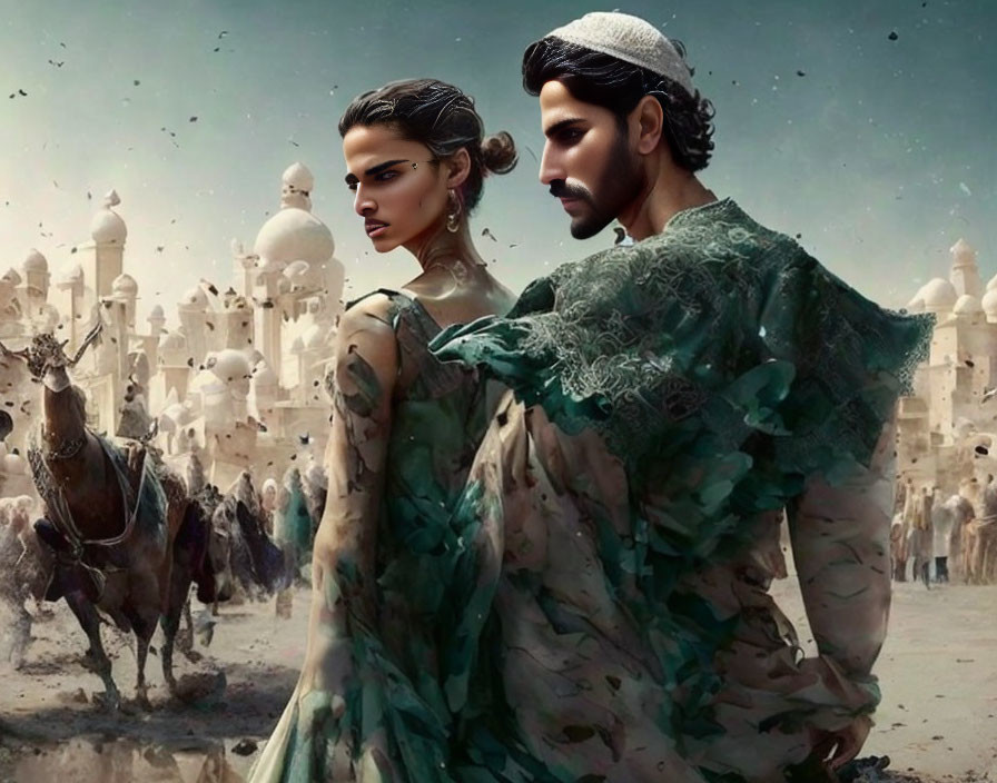 Historic Middle Eastern couple in bustling ancient cityscape with horse and domed architecture