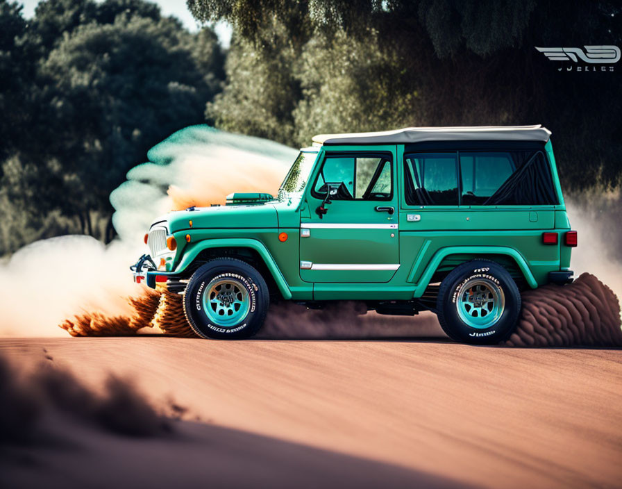 Turquoise off-road vehicle kicks up dust in sandy terrain