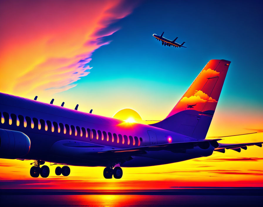 Colorful Sunset Sky with Airplane Silhouettes