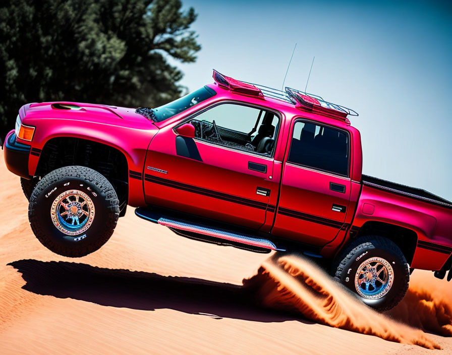 Red Pickup Truck Jumping Sand Dune with Large Tires