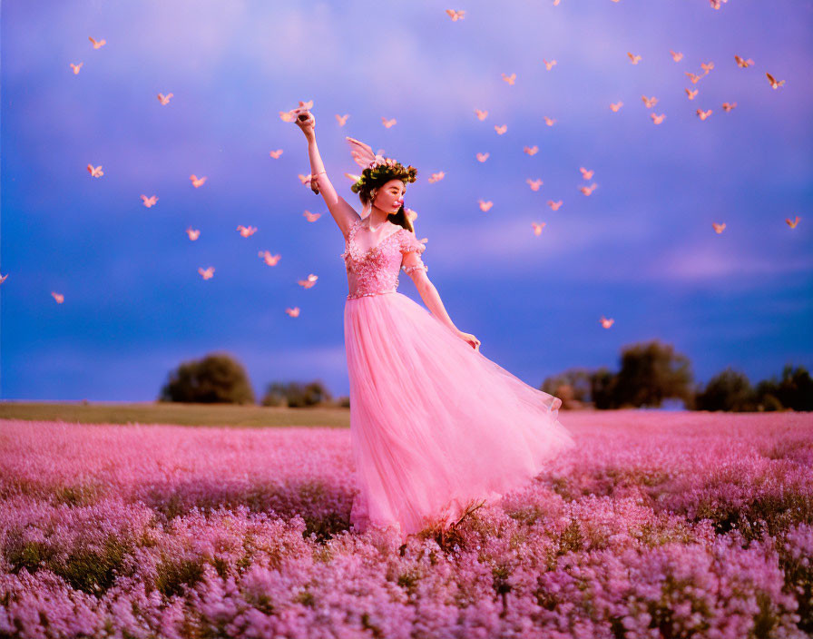 Woman in pink dress dances in purple flower field at dusk