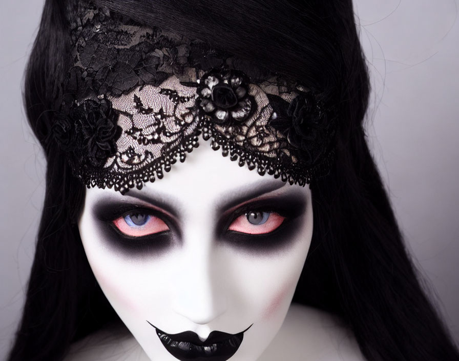 Gothic makeup with black lace headband and dramatic features