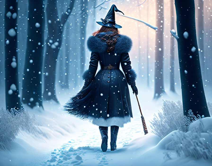 Figure in Witch's Hat Walks in Snowy Forest