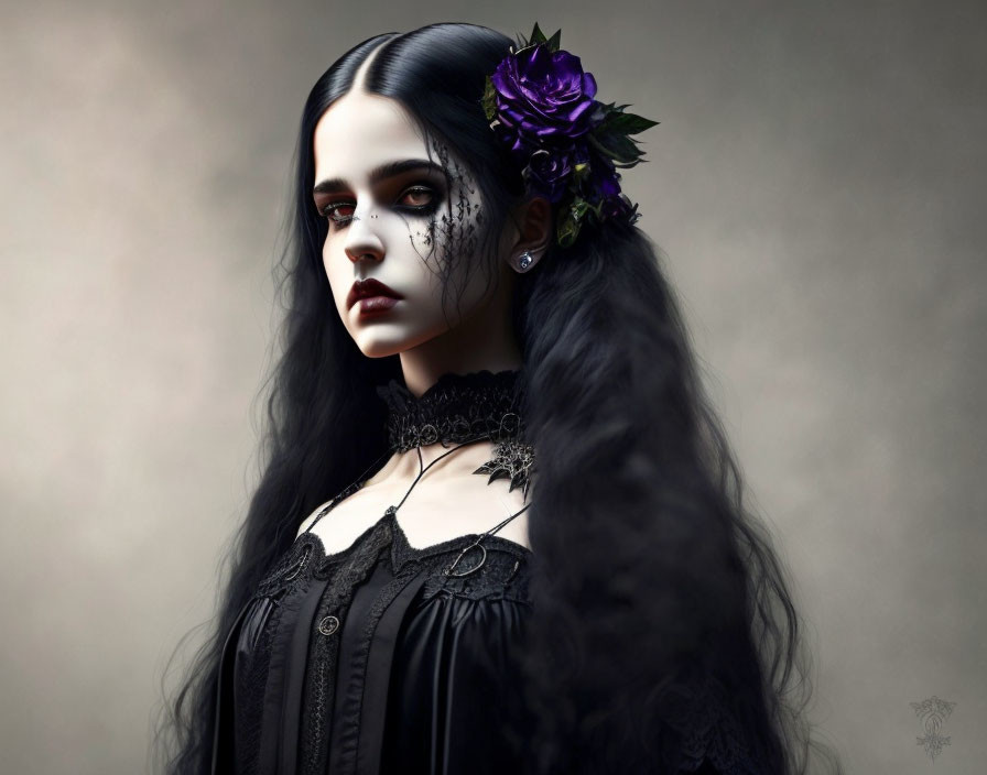 Portrait of a person in Gothic style with long black hair and dark makeup