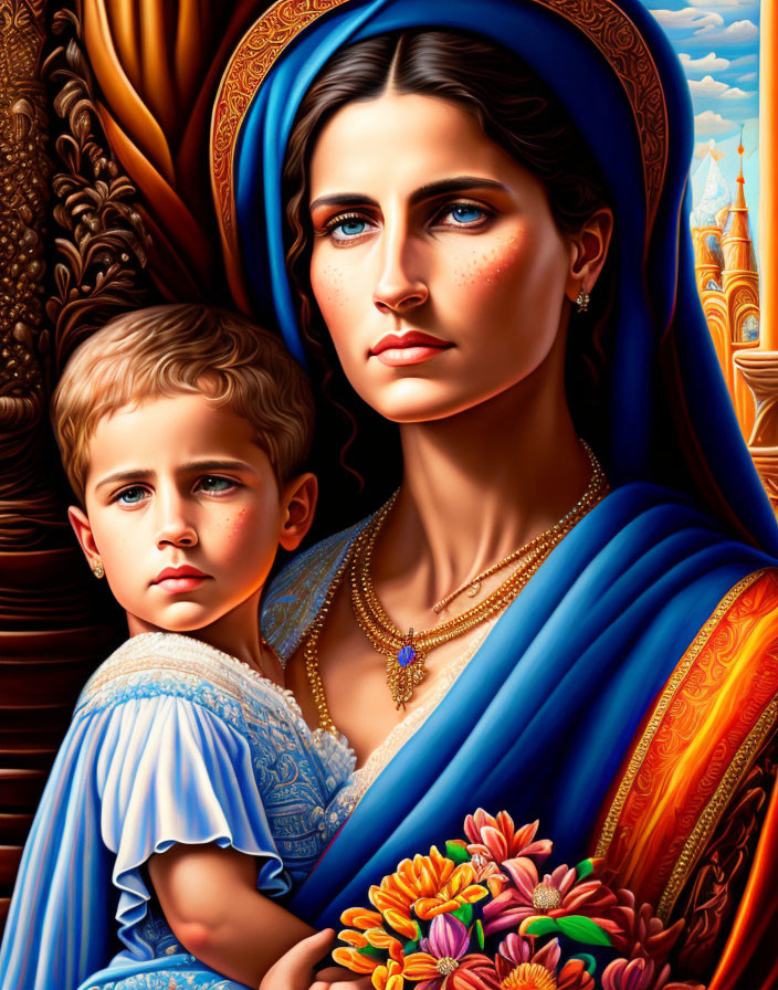 Detailed illustration: Woman with child & flowers in blue shawl