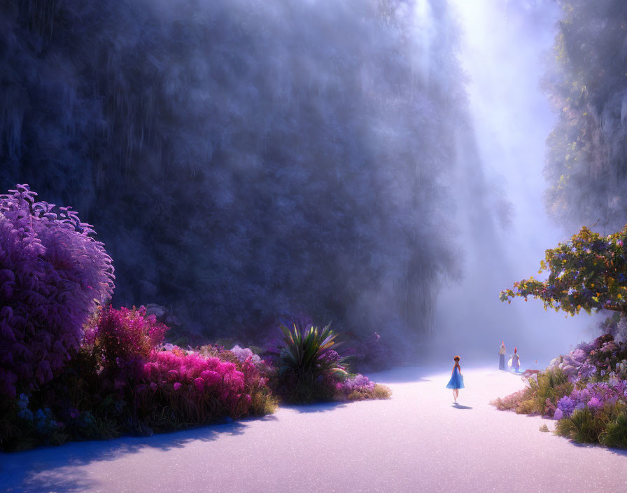 Animated landscape with purple foliage and characters walking towards misty forest.