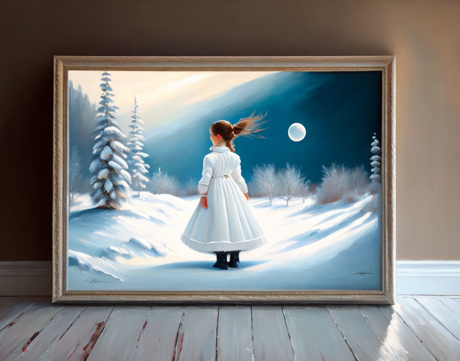 Girl in white dress holding red string in room with snowy trees and full moon.