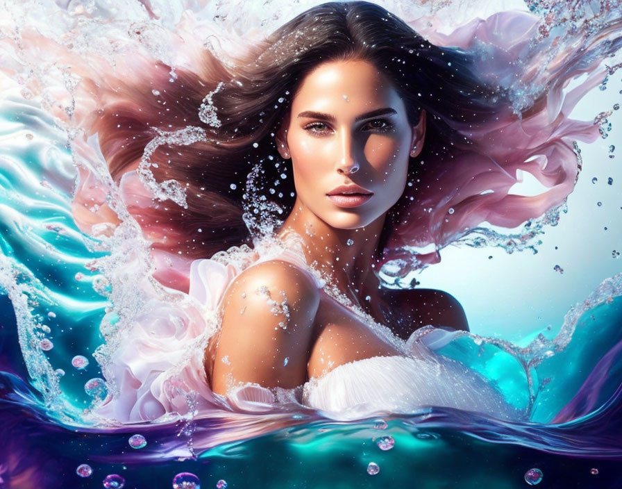 Vibrant digital artwork: Woman in flowing dress emerges from water