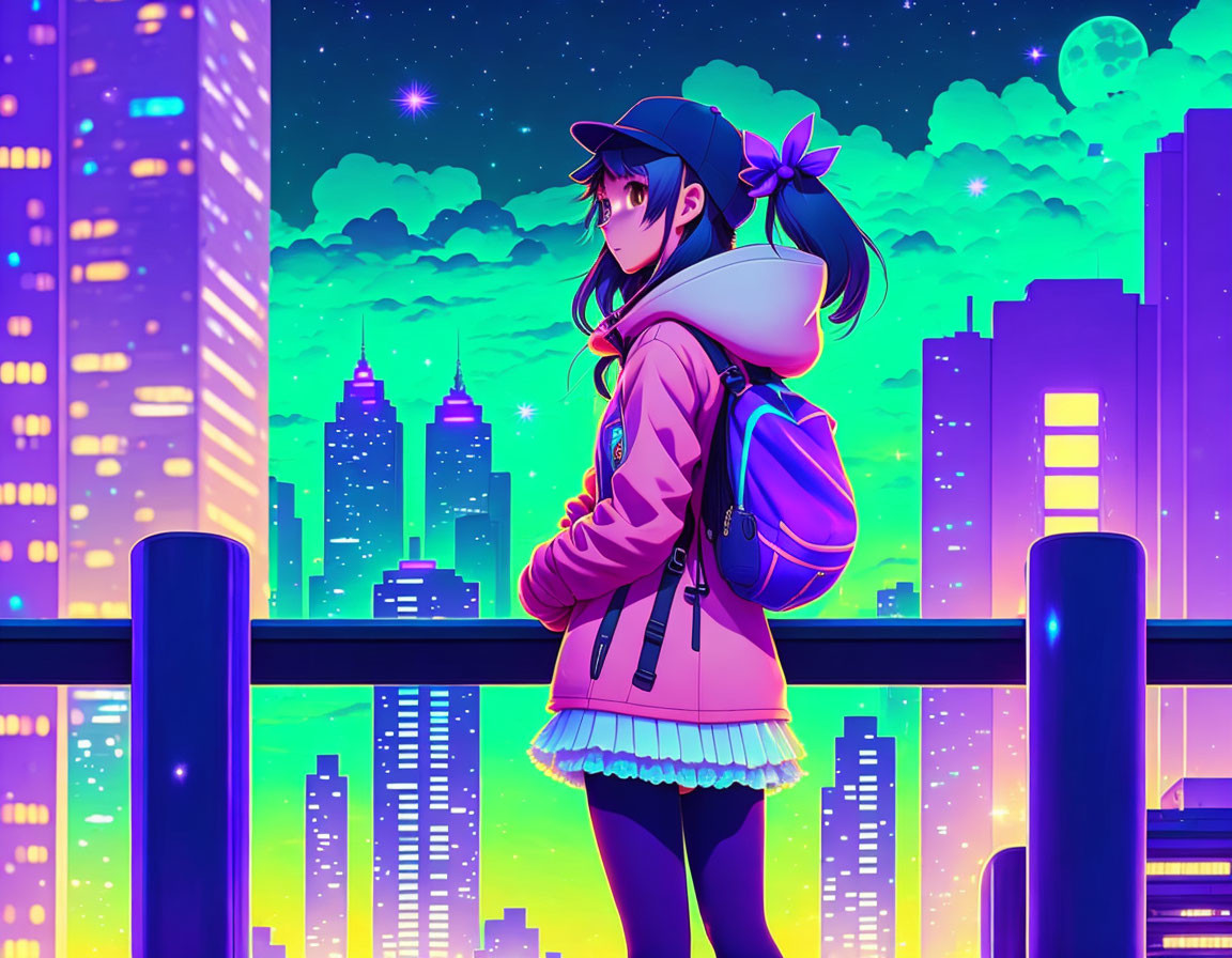 Girl in cap and school uniform overlooking vibrant cityscape at night