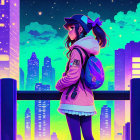 Girl in cap and school uniform overlooking vibrant cityscape at night