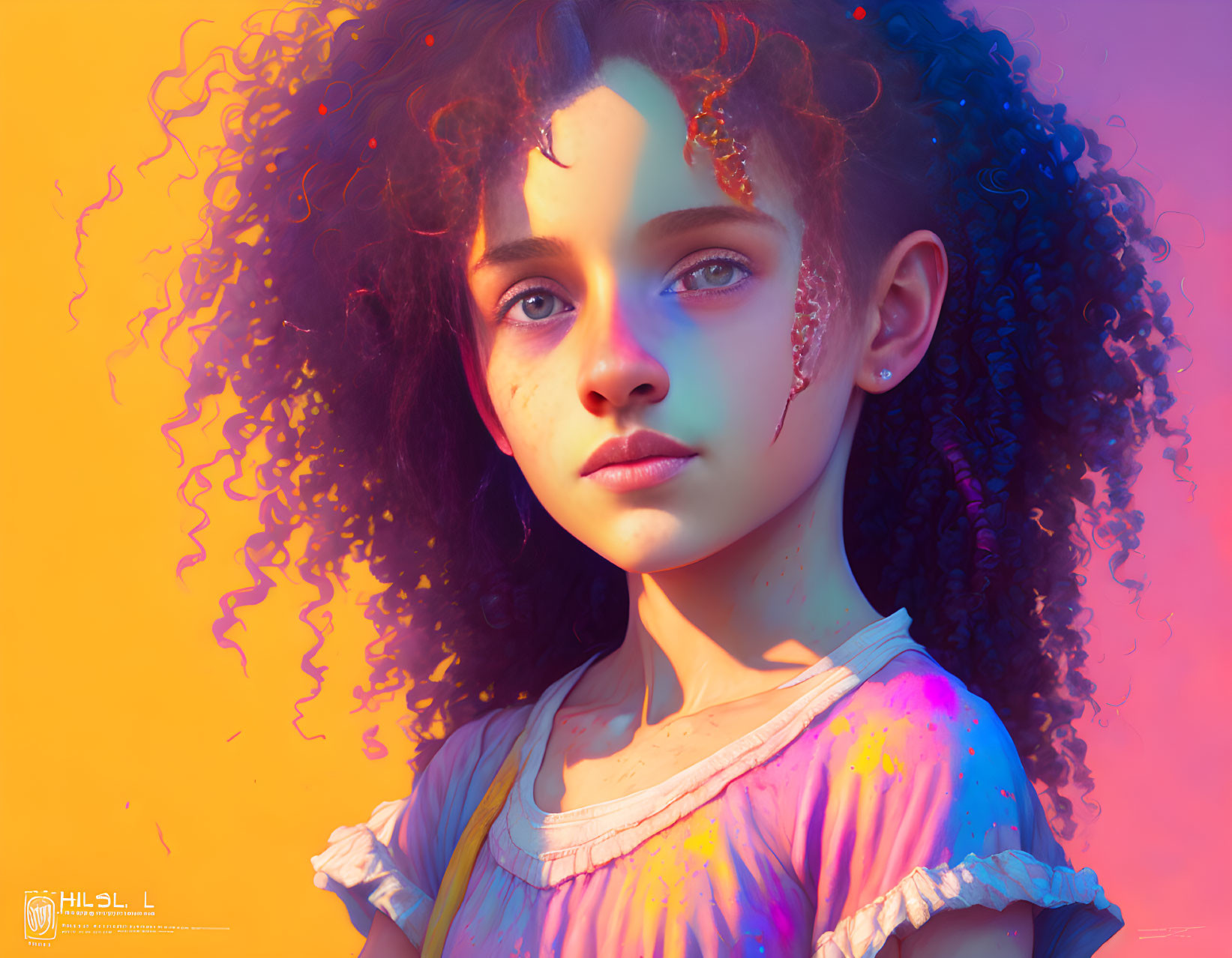 Digital artwork: Young girl with curly hair and crystal-like structures on face in pink and orange gradient.