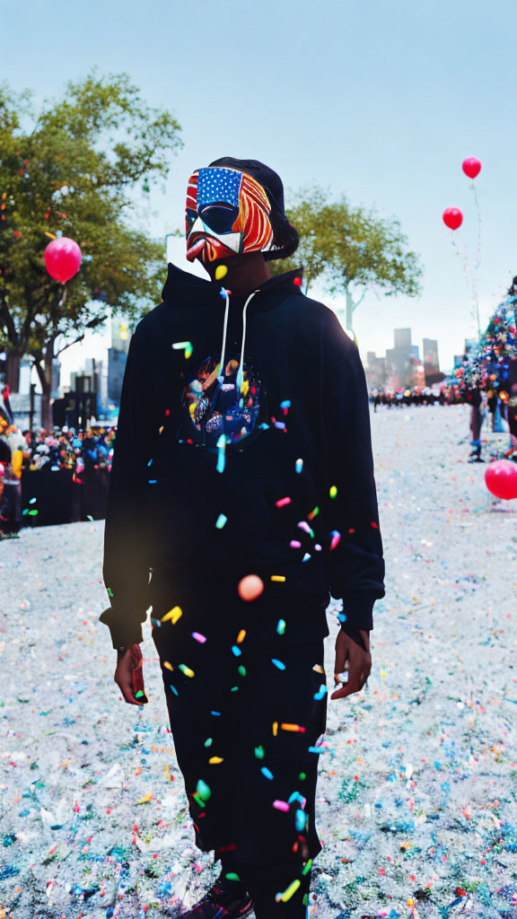 Person in American flag hoodie at festive outdoor event