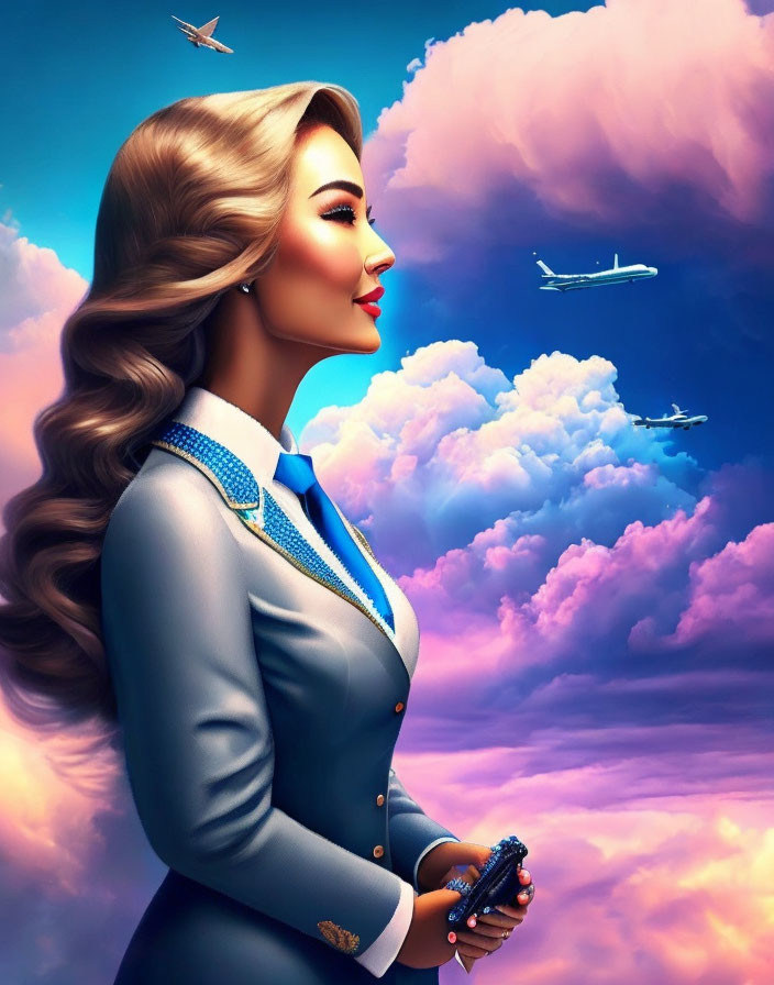 Female flight attendant illustration against pink clouds and airplanes.