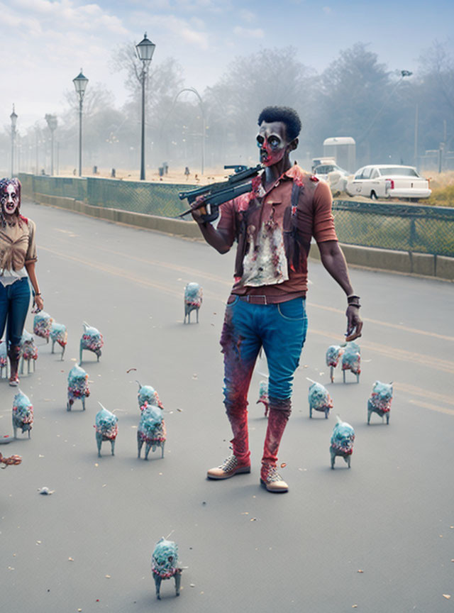 Survivor in Urban Setting with Weapon Surrounded by Zombies