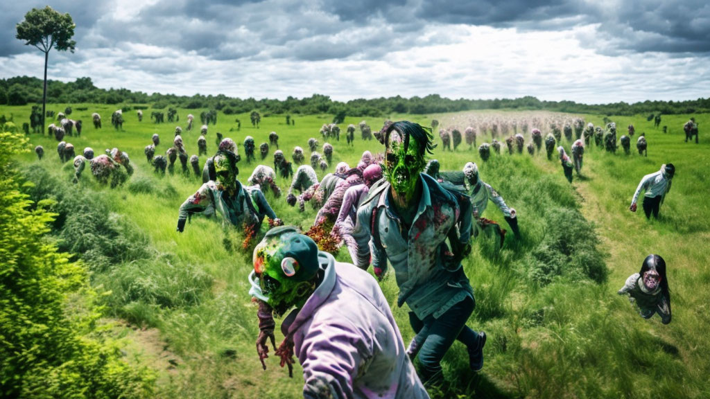 Horde of zombies in open field under partly cloudy sky