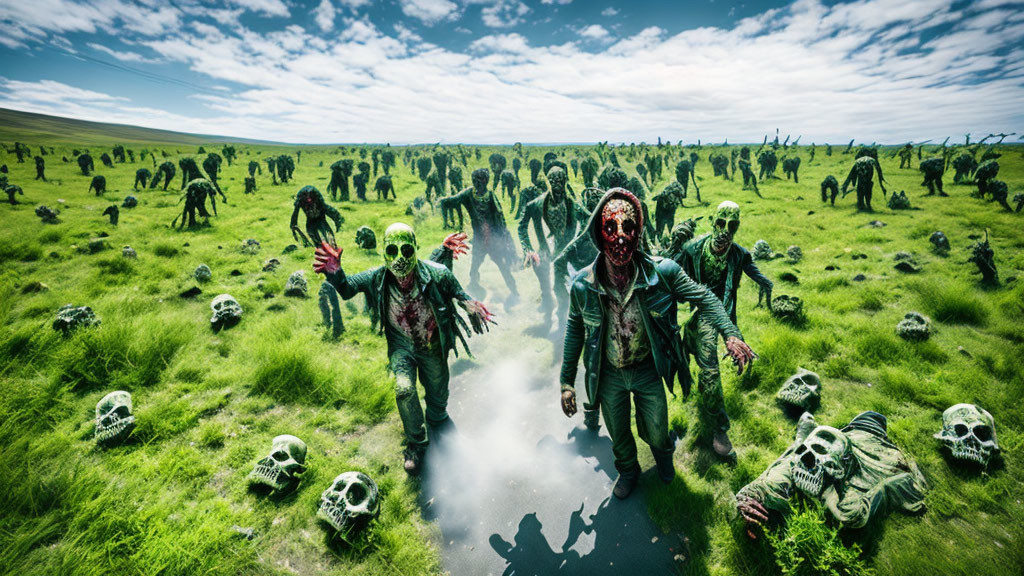 Horde of zombies in grassy field with skulls under blue sky