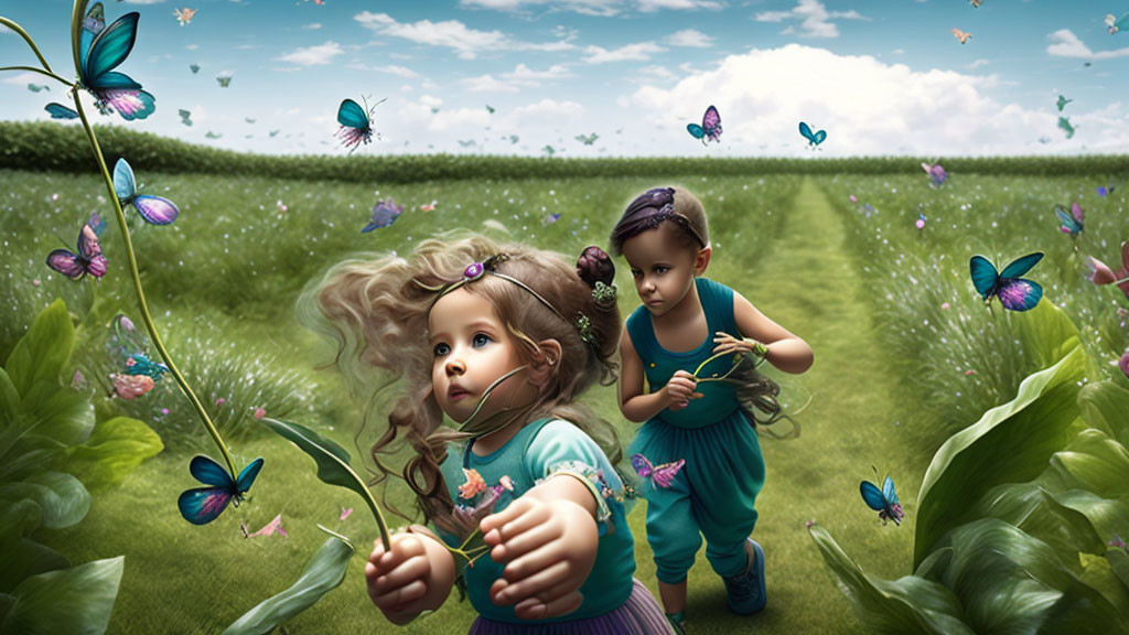 Two Girls in Meadow with Butterflies and Flowers