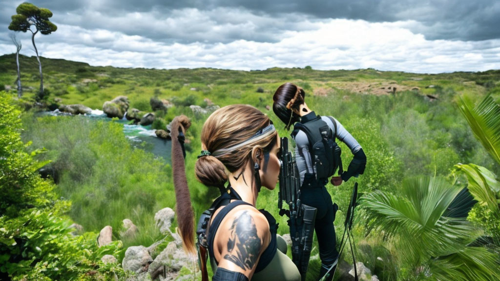 Scuba gear-clad individuals by river under cloudy skies